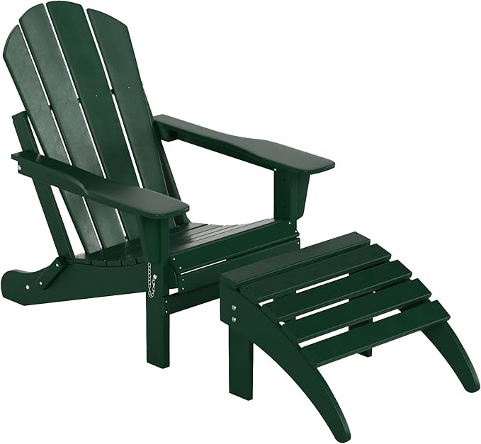 WO Home Furniture Adirondack Chair Outdoor Ottoman Set of 2 PCS Classic Patio Furniture (Dark Green)