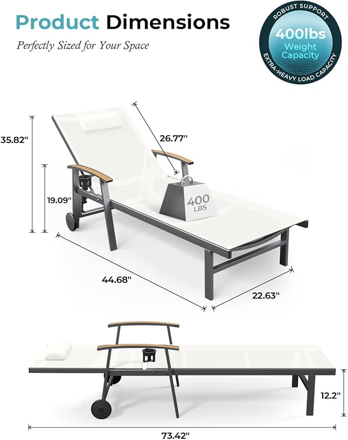 Ciokea Outdoor Lounge Chair with Pillow Set of 4, 5-Position Chaise Lounge with Wheels & Armrests - Photo 2
