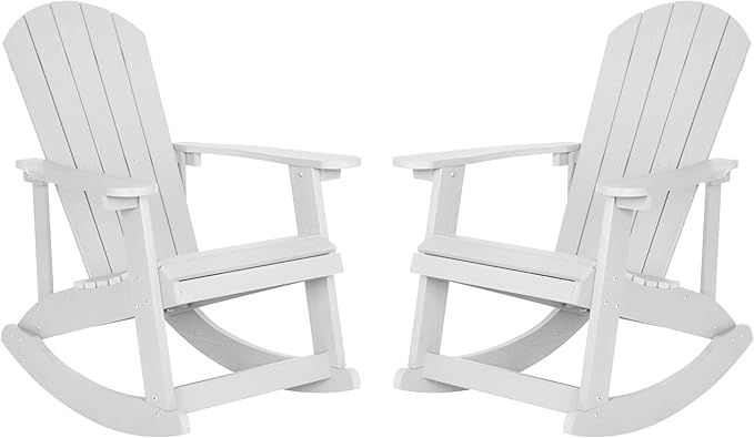 Flash Furniture Savannah Poly Resin Wood Adirondack Rocking Chair - All Weather White Polystyrene - Stainless Steel Hardware - Set of 2
