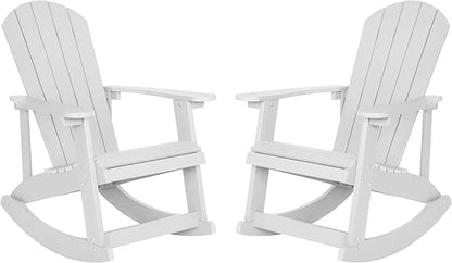 Flash Furniture Savannah Poly Resin Wood Adirondack Rocking Chair - All Weather White Polystyrene - Stainless Steel Hardware - Set of 2