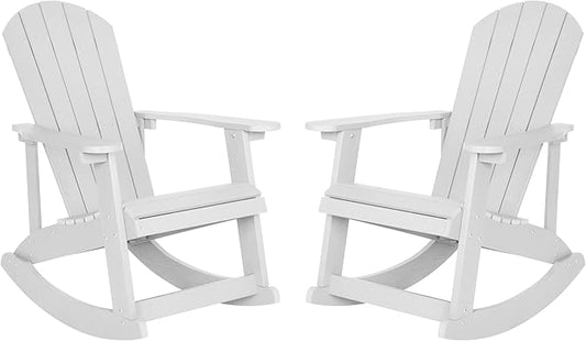Flash Furniture Savannah Poly Resin Wood Adirondack Rocking Chair - All Weather White Polystyrene - Stainless Steel Hardware - Set of 2