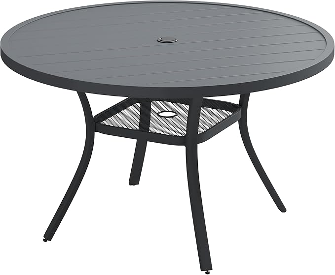 Patio Dining Table for 4-6, Round Metal Outdoor Table with 1.57" Umbrella Hole, 47" Outdoor Slat Tabletop Dining Table for Backyard, Porch, Lawn, Dark Grey