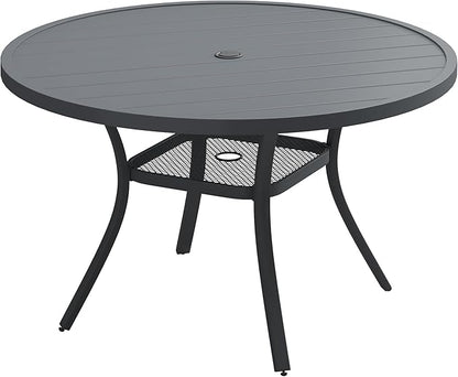Patio Dining Table for 4-6, Round Metal Outdoor Table with 1.57" Umbrella Hole, 47" Outdoor Slat Tabletop Dining Table for Backyard, Porch, Lawn, Dark Grey