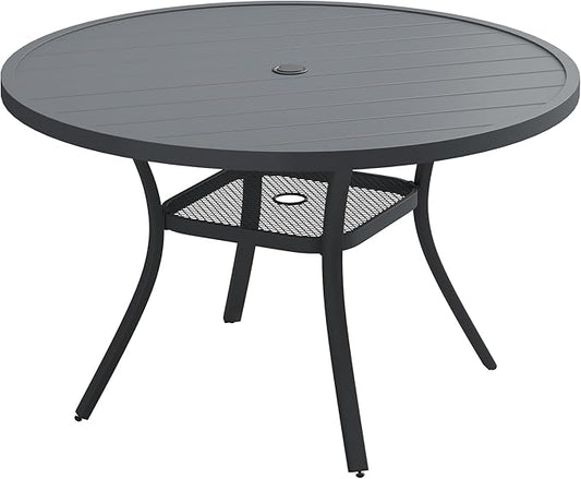 Patio Dining Table for 4-6, Round Metal Outdoor Table with 1.57" Umbrella Hole, 47" Outdoor Slat Tabletop Dining Table for Backyard, Porch, Lawn, Dark Grey