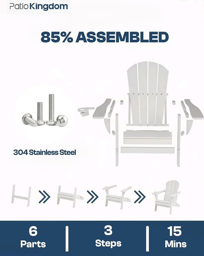 White 6-Piece Folding Adirondack Chair Set with Cup Holders, Ottomans, Side Table & Beige 9FT Patio Umbrella with Base - Photo 7