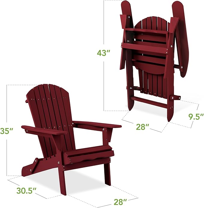Best Choice Products Folding Adirondack Chair Outdoor Wooden Accent Furniture Fire Pit Lounge Chairs for Yard, Garden, Patio w/ 350lb Weight Capacity - Deep Red