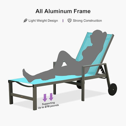 PURPLE LEAF Outdoor Chaise Lounge Set for 2 Aluminum Patio Chaise Lounger Chairs with Armrest and Wheels Adjustable Pool Chaise Lounge Chair for Beach Backyard Deck Poolside Table Included, Blue