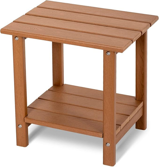 2 Tier Outdoor Side Table with Wood-Like Grain, 16.6" HDPE Adirondack Table Patio Side Table, Weather Resistant End Table for Pool, Patio & Porch, Small Outdoor Table(Teak, Rectangle)