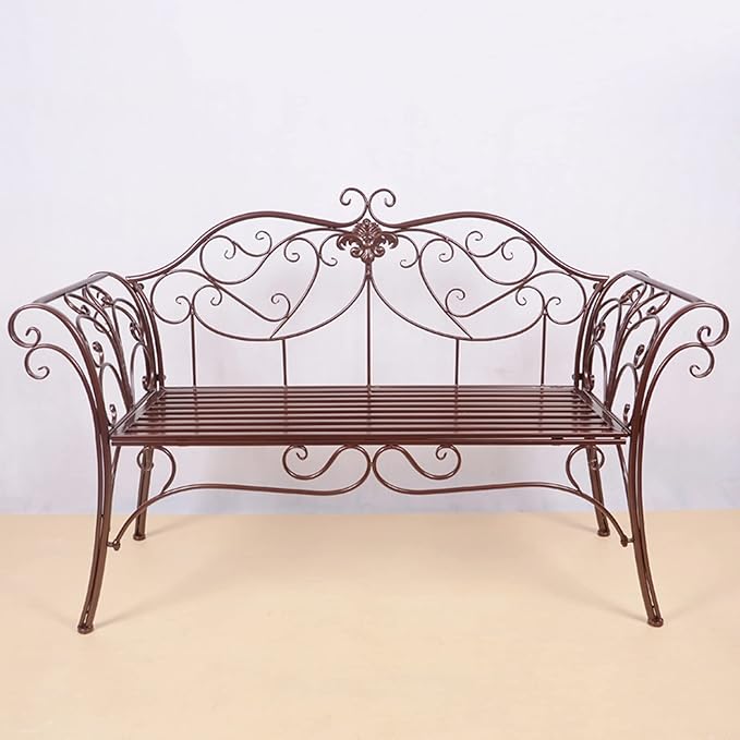 Metal Retro Garden Bench for 2, Curved Backrest & Armrests, Cozy Loveseat Outdoor Chairs for Park, Yard, Porch, Lawn, Backyard, Max Capacity 250kg, Brown