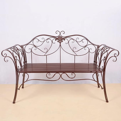 Metal Retro Garden Bench for 2, Curved Backrest & Armrests, Cozy Loveseat Outdoor Chairs for Park, Yard, Porch, Lawn, Backyard, Max Capacity 250kg, Brown