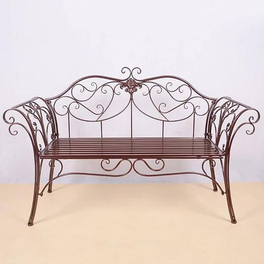 Metal Retro Garden Bench for 2, Curved Backrest & Armrests, Cozy Loveseat Outdoor Chairs for Park, Yard, Porch, Lawn, Backyard, Max Capacity 250kg, Brown