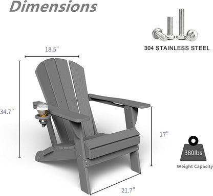 GLANC Folding Adirondack Chair Set of 2, HDPE All-Weather Outdoor Patio Fire Pit Chairs Lawn Chair for Poolside Backyard Deck Balcony, Wooden Textured with Cup Holder, 380LBS Capacity (Grey)
