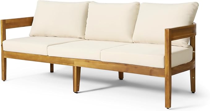 Brooklyn Outdoor 3 Seater Sofa with Cushions - Acacia Wood - Teak/Beige - Photo 1