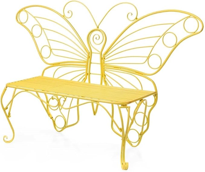 Plow & Hearth Weatherproof Butterfly Outdoor Bench | Holds Up to 300 lbs | Garden Patio Porch Park Deck | Metal | Yellow - Photo 1