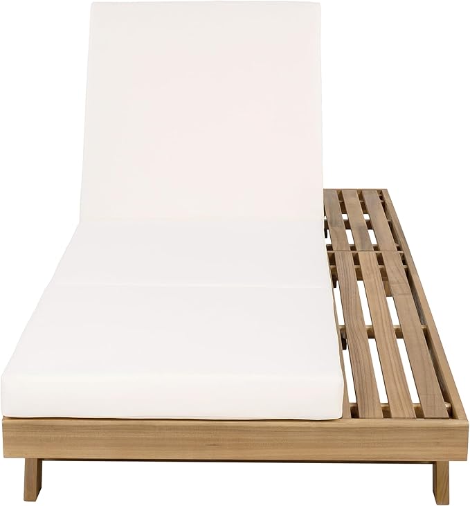 Christopher Knight Home Dami Patio Chaise Lounge Chair Outdoor with Foldable Cushion, Acacia Wood Poolside Sun Lounger, Space Available On One Side, Adjustable Backrest Pool Lounger, Light Brown+Cream