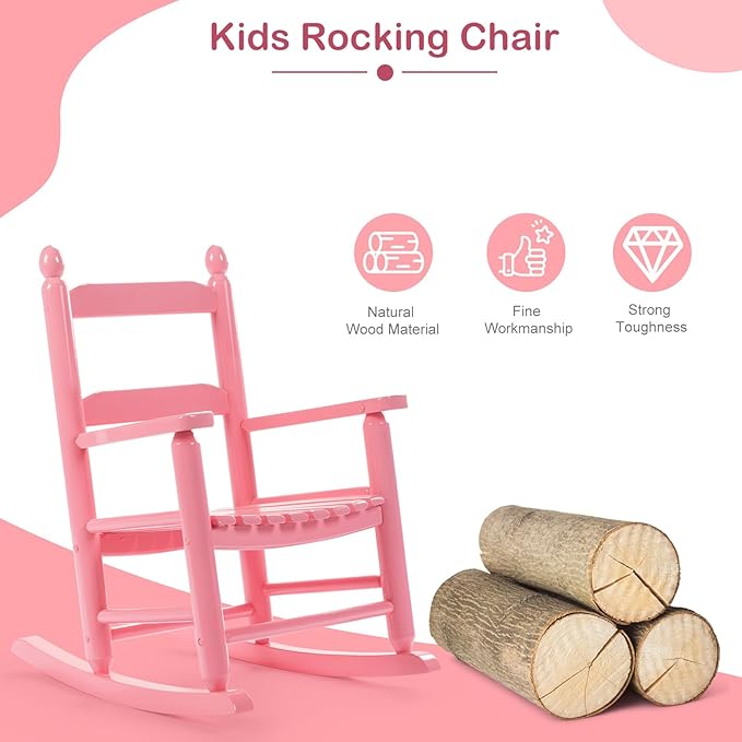 Outvita Outdoor Children's Rocking Chair, All-Weather Wooden Porch Rocker with High Backrest, Ideal for Garden, Yard, and Balcony, Patio Rocking Chair Suitable for Kids Ages 3-6(Pink)