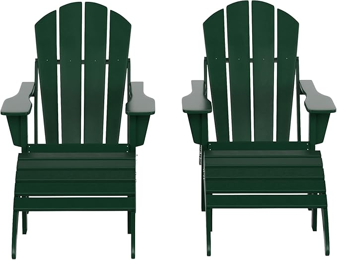 WestinTrends Malibu Outdoor Lounge Chair Set, 4-Pieces Adirondack Chair Set of 2 with Ottoman, All Weather Poly Lumber Patio Lawn Folding Chair for Outside Pool Beach, Dark Green
