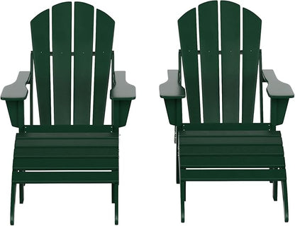 WestinTrends Malibu Outdoor Lounge Chair Set, 4-Pieces Adirondack Chair Set of 2 with Ottoman, All Weather Poly Lumber Patio Lawn Folding Chair for Outside Pool Beach, Dark Green