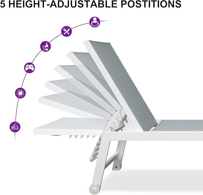 PURPLE LEAF Oversize Chaise Lounge Chair Outdoor 2 Pieces White Aluminum Lounge Chair with Wheels and Table for Pool Deck Patio, Mixed Color