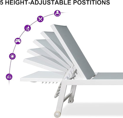 PURPLE LEAF Oversize Chaise Lounge Chair Outdoor 2 Pieces White Aluminum Lounge Chair with Wheels and Table for Pool Deck Patio, Mixed Color