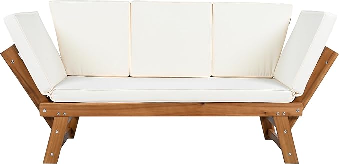 Merax Patio Sofa, Outdoor Adjustable Wooden Daybed, Chaise Lounge with Cushions, Natural+Beige