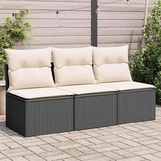 3-Seater Garden Sofa in Black and Cream White, Modular Outdoor Furniture with Weather-Resistant Poly Rattan Frame, Removable Cushions and Waterproof Storage Bag for Patio,