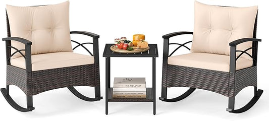 Tangkula 3 Pieces Outdoor Rocking Chairs Set, Rattan Heavy Duty Cushioned Rocker Chairs with 2-Tier Tempered Glass Coffee Table, for Garden, Balcony, Backyard (Beige)