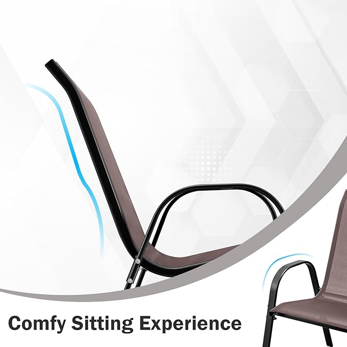 COSTWAY Patio Dining Chairs Set of 2, Stackable Outdoor Chairs with Armrest and High Back, Breathable Fabric & Metal Frame Chair for Garden Poolside Backyard Deck (Brown)