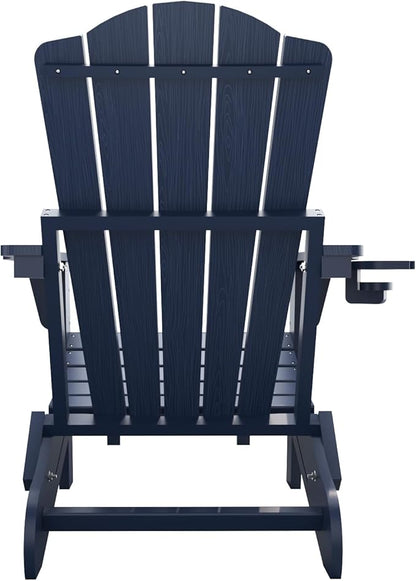 Adjustable Adirondack Chairs with Retractable Ottoman, HDEP Folding Adirondack Chair with Footrest & Cup Holder, All Weather Fire Pit Chair for Outdoor,Navy Blue