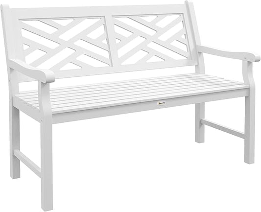 Outsunny Outdoor Garden Bench, Wooden Frame Patio Bench with Geometric Pattern, 43.25 Inch Weatherproof 2-Person Love Seat for Garden, Lawn, Porch, Yard, Work Entryway, White