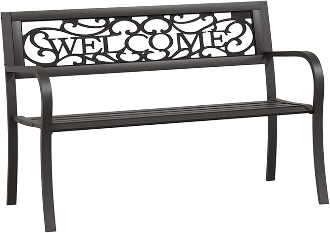 Garden Bench, Outdoor Rectangular Steel Bench with Plastic Seat 49.2 Inch Long Powder-Coated Black Metal for Garden Patio Balcony