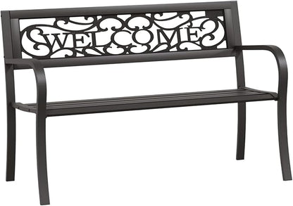 Garden Bench, Outdoor Rectangular Steel Bench with Plastic Seat 49.2 Inch Long Powder-Coated Black Metal for Garden Patio Balcony
