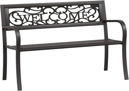 Garden Bench, Outdoor Rectangular Steel Bench with Plastic Seat 49.2 Inch Long Powder-Coated Black Metal for Garden Patio Balcony