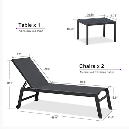 PURPLE LEAF Outdoor Chaise Lounge Set for 2 Oversized Pool Lounge Chairs with Easy-to-Move Wheels and Adjustable Backrest Extra Large Patio Loungers for Poolside Deck Beach Table Included, Dark Grey