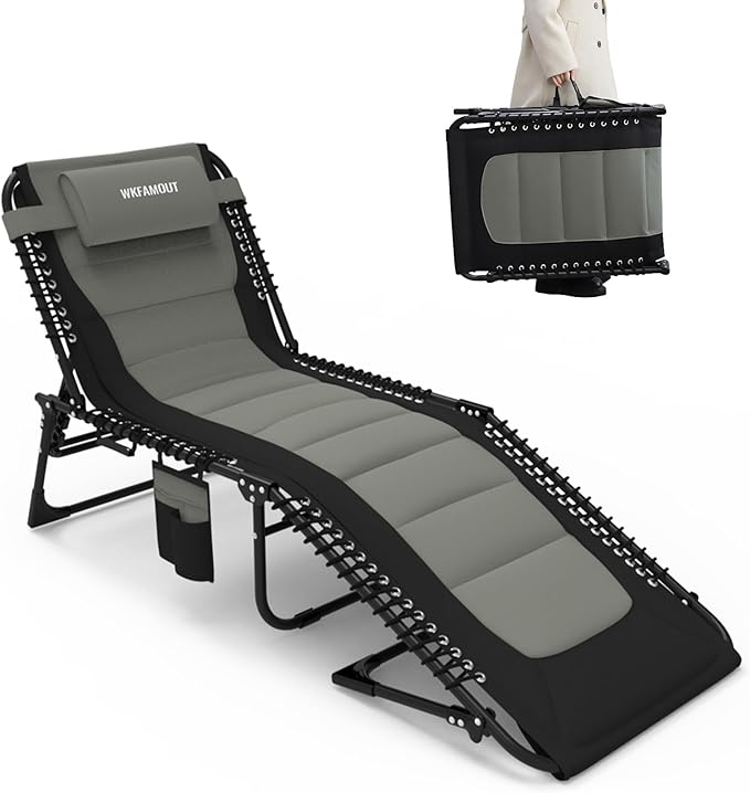 Oversized Padded Outdoor Folding Lounge Chair for Adults 330Ibs Patio Chaise Lounge Chair for Outside 5-Position Adjustable Reclining Beach Chair with Pillow Pocket