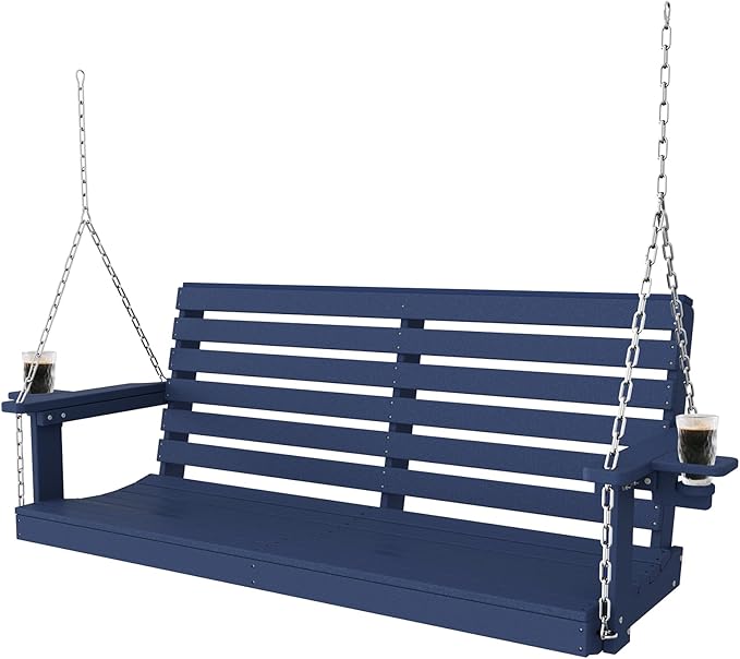 Plawdlik Porch Swings,2 Seat Patio Chair with Two Cup Holders,HDPE Waterproof Bench for Courtyard-Navy Blue - Photo 1