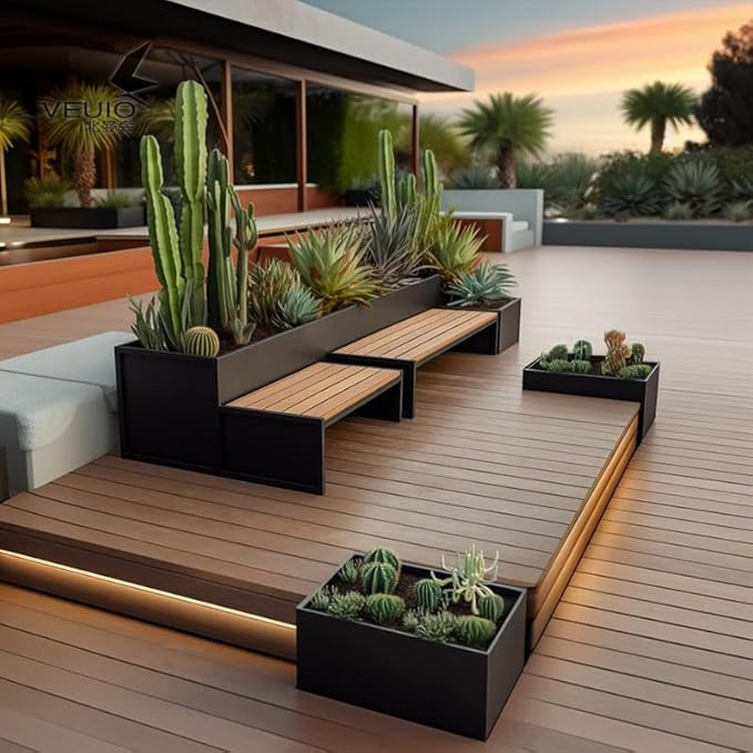 Bench with Planter Box, Outdoor Flower Box Sitting Bench Set Commercial Street Patio Leisure Table and Chair Planter Set DIY Assembled Metal Park Resting Bench Outdoor Seating Garden Bench(L150xD70xH6