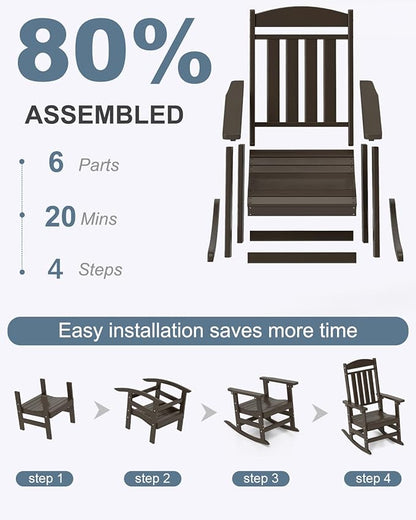 Outdoor Rocking Chairs Set of 2, Oversized High Back Patio Rocking Chairs, All Weather Porch Rocking Chairs for Outside. Coffee