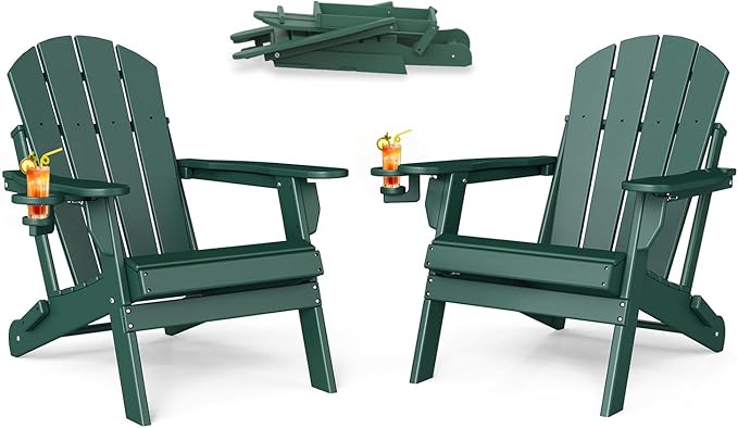 BRIOPAWS Folding-Adirondack-Chairs Set of 2 | HDPE | Fire Pit Chair | Cup Holder | Weather Resistance | Forest | for Outdoor Backyard Deck Patio