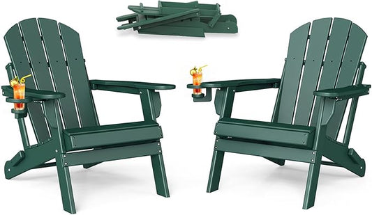 BRIOPAWS Folding-Adirondack-Chairs Set of 2 | HDPE | Fire Pit Chair | Cup Holder | Weather Resistance | Forest | for Outdoor Backyard Deck Patio