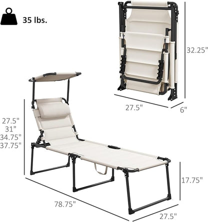 Outsunny 2 Pieces Outdoor Lounge Chair, Adjustable Backrest Folding Chaise Lounge, Cushioned Tanning Chair with Sunshade Roof & Pillow Headrest for Beach, Camping, Hiking, Cream White