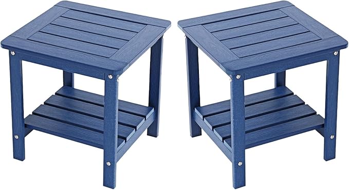 Kibaso-Adirondack Outdoor Side Table, 2-Tier HDPE Outdoor End Table, Weather Resistant Easy Maintenance, Small Patio Side Table for Patio, Pool, Porch, Garden, Lawn, and Living Room (2, Blue)
