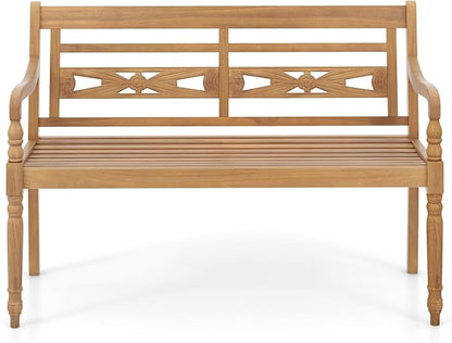 Large Outdoor Wood Bench, 2 Person Natural Teak Wood Bench w/Armrests and Backrest, Wood Garden Bench for Porch, Park, Yard and Patio