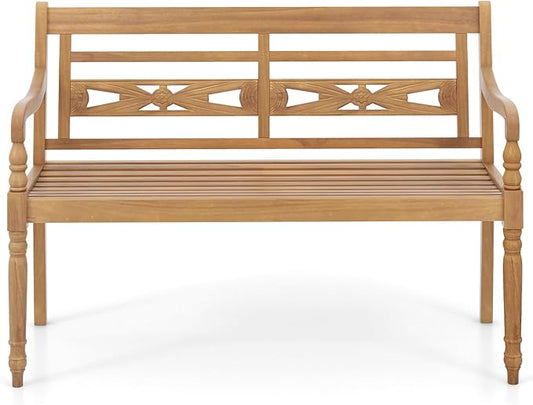 Large Outdoor Wood Bench, 2 Person Natural Teak Wood Bench w/Armrests and Backrest, Wood Garden Bench for Porch, Park, Yard and Patio