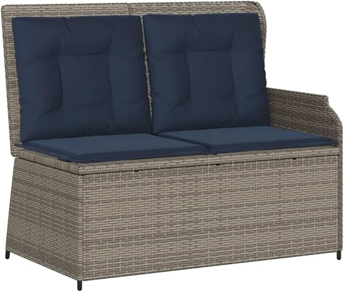 Outdoor Reclining Patio Bench with Adjustable Armrests, 2-Person PE Rattan Garden Seat, Grey Modern Weather-Resistant Terrace Furniture