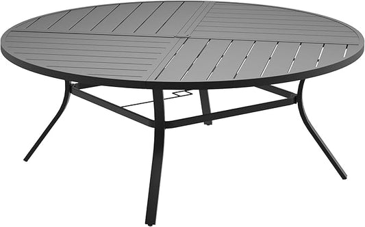 DIFY 63" Round Outdoor Patio Dining Table for 8-10, All-Weather Metal Steel Slatted Patio Table with 1.57" Adjustable Umbrella Hole for Garden, Backyard, Deck, Black