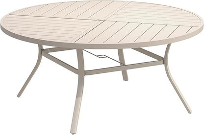 DIFY 59.8" Round Outdoor Patio Dining Table for 8-10, All-Weather Metal Steel Slatted Patio Table with 1.57" Adjustable Umbrella Hole for Garden, Backyard, Deck, Sandshell
