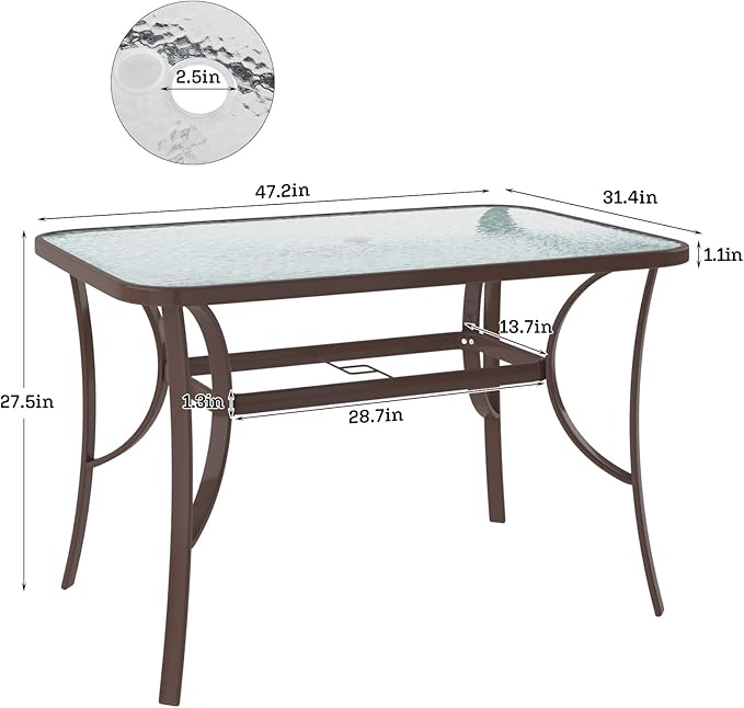 soges 47in Outdoor Patio Bistro Coffee Tea Table, Rectangular Tempered Glass Steel Frame Dining Table with Umbrella Hole - Photo 3