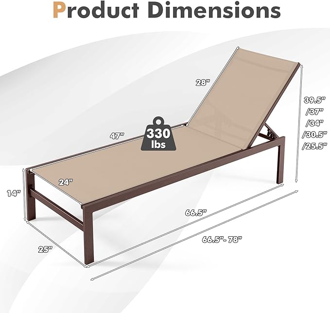 COSTWAY Lounge Chair Outdoor, Aluminum Frame Chaise Lounge with 6-Position Adjustable, Breathable Fabric - Photo 3