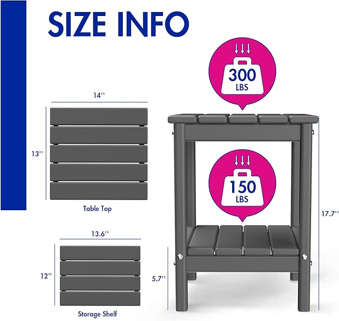 BRIOPAWS Adirondack Side Table, HDPE Weather Resistant Outdoor Table, 2-Shelf Plastic End Table for Poolside Indoor Outside Front Porch Living Room Patio Backyard Campfire, 14 x 13 inch, Grey